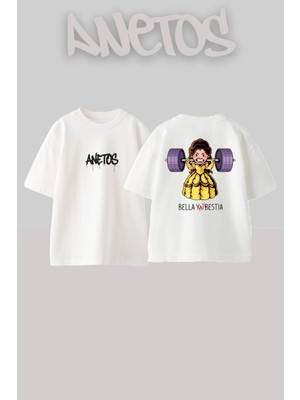Anetos Bella Bestıa Tasarım Sırt Baskılı Pamuk Beyaz Oversize T-Shirt