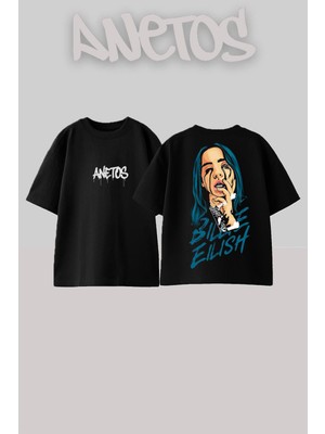 Anetos Billie Eilish 4 Tasarım Sırt Baskılı Pamuk Siyah Oversize T-Shirt