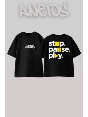Anetos Stop Pause Play Tasarım Sırt Baskılı Pamuk Siyah Oversize T-Shirt
