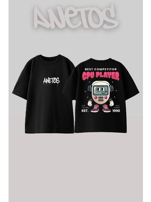 Anetos Cpu Player Tasarım Sırt Baskılı Pamuk Siyah Oversize T-Shirt