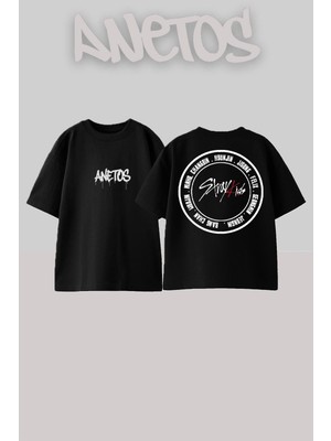 Anetos Stray Kiids Tasarım Sırt Baskılı Pamuk Siyah Oversize T-Shirt