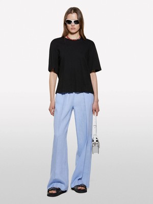 Sisley Keten Karışımlı Bisiklet Yaka T-Shirt Kadın Siyah T-Shirt - 325P3UTFL107C