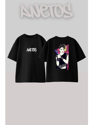 Anetos Madonna 4 Tasarım Sırt Baskılı Pamuk Siyah Oversize T-Shirt