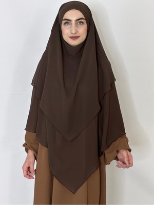 R&S Modibone Üç Katlı Hazır Peçeli Sufle Khimar Şifon Esarp 4 Ipli Kahve