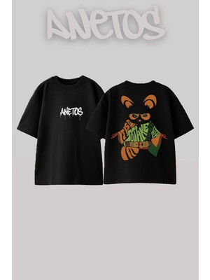 Anetos Bilge Fare Tasarım Sırt Baskılı Pamuk Siyah Oversize T-Shirt