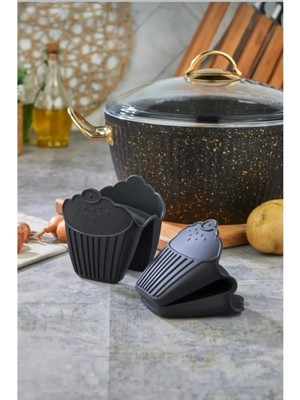 Royal Gross 2 Adet Silikon Fırın Eldiveni Kaymaz Mikrodalga Fırın Tencere Tepsi Tutmaç Seti Siyah