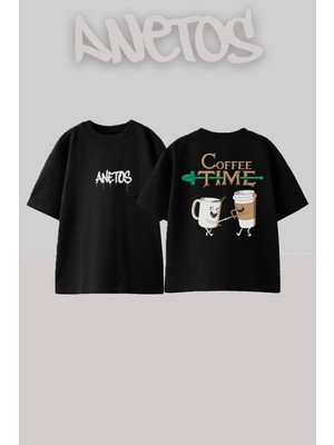 Anetos Coffee Tıme Tasarım Sırt Baskılı Pamuk Siyah Oversize T-Shirt