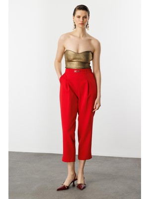 Accort Beli Lastikli Kalın Pileli Pantolon-Kırmızı