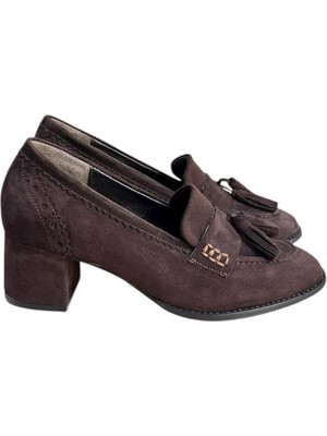 Tufan Shoes Kahve Hakiki Deri Süet Püskül Detay Topuklu Ayakkabı