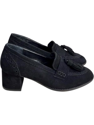 Tufan Shoes Siyah Hakiki Deri Süet Püskül Detay Topuklu Ayakkabı