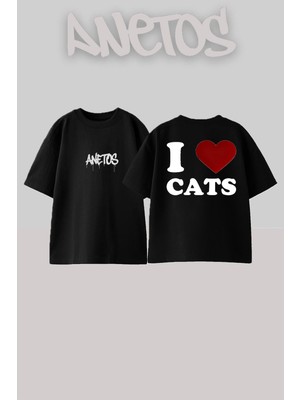 Anetos Meow 1 Tasarım Sırt Baskılı Pamuk Siyah Oversize T-Shirt
