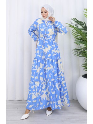 Hakim Yaka Beli Bağcıklı Desenli Elbise 0191-03 Indigo