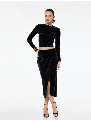 Koton Slim Fit Drapeli Yırtmaçlı Kruvaze Midi Kadife Etek