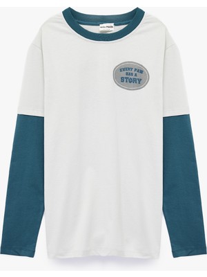 Koton Pamuklu Uzun Kollu Bisiklet Yaka Baskılı Tişört