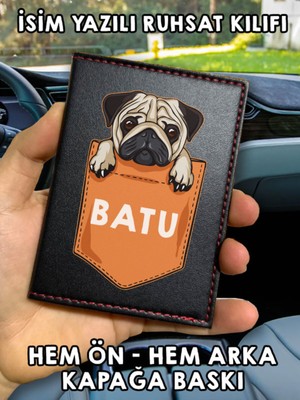 Nurdic Pug Dostum Ön Arka Baskılı Oto Araç Ruhsat Kabı Kartlık Deri Isim Yazılı Kişiye Özel Cüzdan