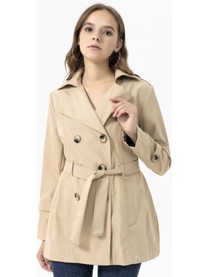 Soi Fashion Düğme Kapamalı Kuşaklı Trençkot Bej