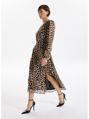 Fabrika V Yaka Desenli Bej - Siyah Mini Kadın Elbise F5WL-ELB0362