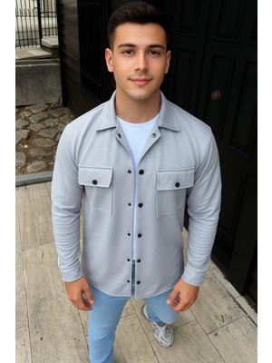 Erkek Diagonal Kumaş Cepli Çıtçıtlı Uzun Kollu, Gömlek Oversize Rahat Kalıp Günlük Şık Stil - Gri