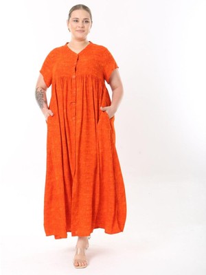 Şans Kadın Büyük Beden Oranj, Dokuma Viskon Boy Düğmeli Yan Yırtmaç Cepli Uzun Elbise 65N38734