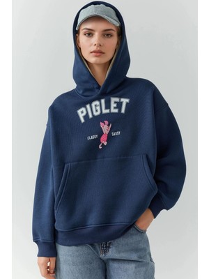 Hiccup Kadın Oversize Baskılı Kapüşonlu Sweatshirt Lacivert