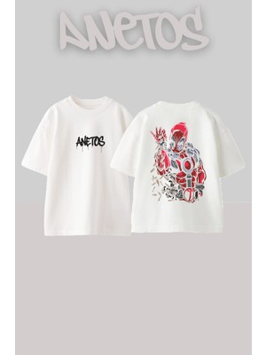 Anetos Deadpool 2 Tasarım Sırt Baskılı Pamuk Beyaz Oversize T-Shirt