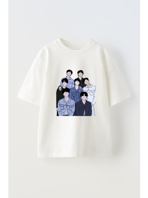 Anetos Bts Baskılı Ünisex Pamuk Beyaz Oversize T Shirt