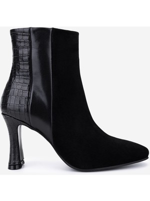 Valmenti Kadın Hakiki Deri Siyah Topuklu Bot 33 8500 Bn Bot SK25-26 Syh Suet/syh Kroko