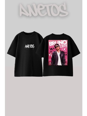 Anetos Bruno Mars 20 Tasarım Sırt Baskılı Pamuk Siyah Oversize T-Shirt