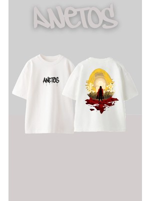 Anetos Mikey 1 Tasarım Sırt Baskılı Pamuk Beyaz Oversize T-Shirt