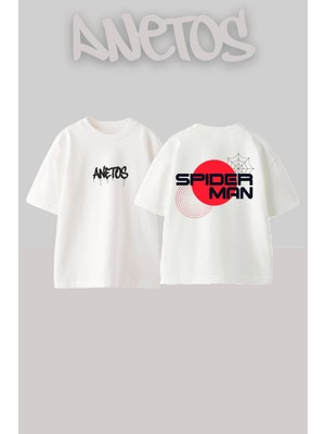 Anetos Sıperman Tasarım Sırt Baskılı Pamuk Beyaz Oversize T-Shirt