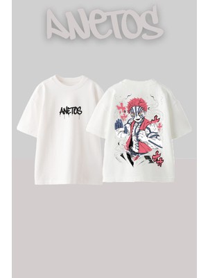 Anetos Demon Slayer Akaza 7 Tasarım Sırt Baskılı Pamuk Beyaz Oversize T-Shirt