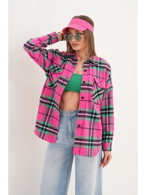 Mamayaga Kadın Desen Bloklu Oduncu Oversize Bol ve Geniş Kalıp Casual Cepli Yakalı Ceket Gömlek