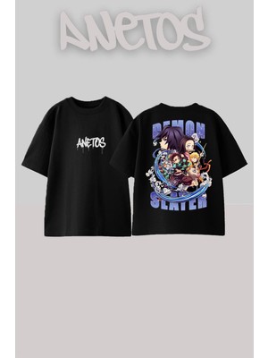 Anetos Demon Slayer 4 Tasarım Sırt Baskılı Pamuk Siyah Oversize T-Shirt