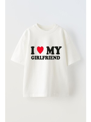 Anetos I Love Gırlfrıend Baskılı Ünisex Pamuk Beyaz Oversize T Shirt