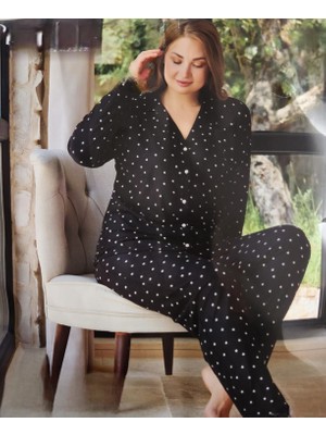 Pijamoni Süet Gömlek Yaka Önden Düğmeli Büyük Beden Uzun Kollu Pijama Takımı