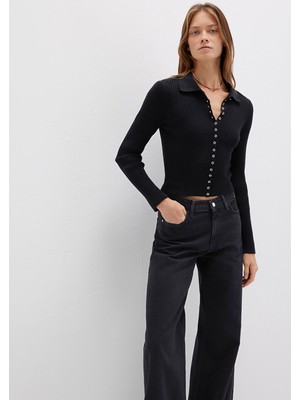 Mavi Düğmeli Siyah Triko Polo 1710787-900