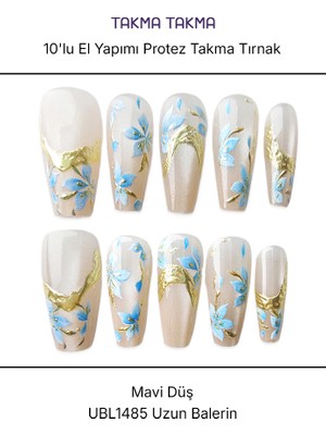 Takma Takma 10'lu Ten Rengi Uzun Balerin UBL1485 Tekrar Kullanılabilir El Yapımı Protez Takma Tırnak - Ten Rengi-M
