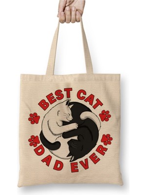 Toyaso Best Cat Dad Ever Kediler Beyaz Bez Çanta Uzun Saplı Alışveriş Çantası