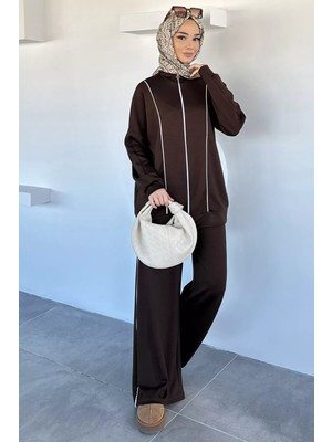 Julude Ön Fermuarlı Şeritli Tunik Bel Lastikli Pantolon Tesettür Ikili Takım P-00018992