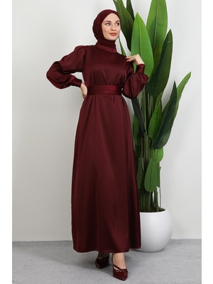 Giza Store Kemerli Saten Elbise Koyu Bordo