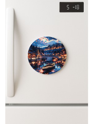 Nurdic Desenli Temalı Yuvarlak Buzdolabı Magnet – 10X10 cm Venice Night