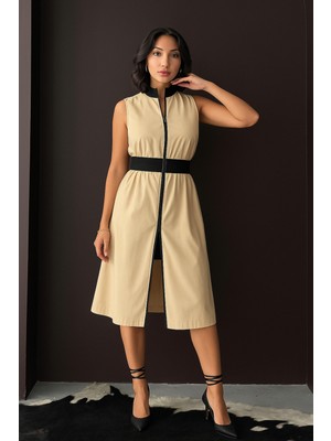 Mamayaga Kadın Dik Yaka Önü Fermuarlı Yırtmaçlı Baharlık Yazlık Beli Lastikli Şık Ceket Elbise