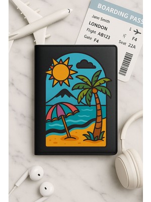 Nurdic Tüm Ülke Pasaportları Için Siyah Vinleks Deri Pasaport Kılıfı Kabı Deniz Kum Güneş