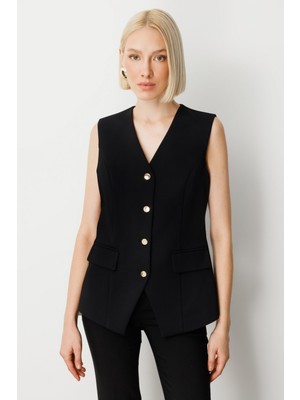 Ekol Kadın Kapak Cepli V Yaka Yelek 5037 Siyah