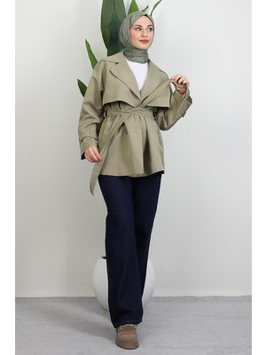 Kemer Detay Kısa Trenç Soft Yeşil