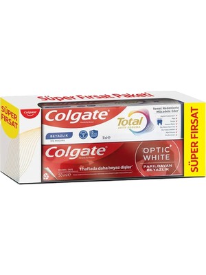 Colgate Total Aktif Koruma Diş Macunu 50 ml + Optic White Parıldayan Beyazlık Diş Macunu 50 ml