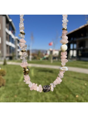 Taşmeran Pembe Kuvars Doğal Kırık Taş Inci Çelik Ayarlanabilir Kolye TKY0417