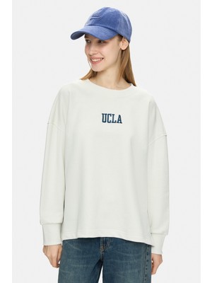 Ucla Olvera Kemik Rengi Bisiklet Yaka Nakışlı Loose Fit Kadın Sweatshirt