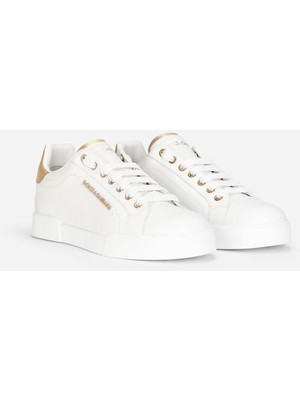 Kadın Metalik Topuk Detaylı Deri Sneakers - Beyaz/altın