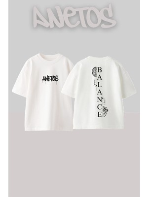 Anetos Balance Tasarım Sırt Baskılı Pamuk Beyaz Oversize T-Shirt